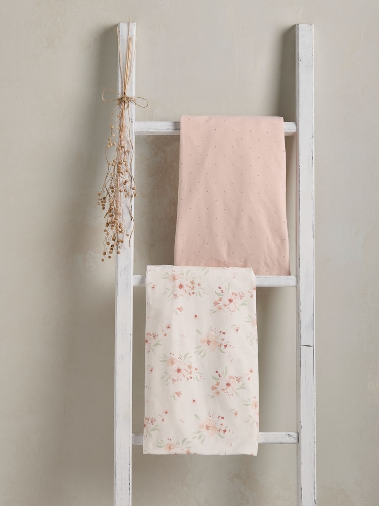 Mamas & Papas 2 Pack Pink 100% Cotton Sheet Floral Cotbed Fitted Sheets - Image 1 of 5