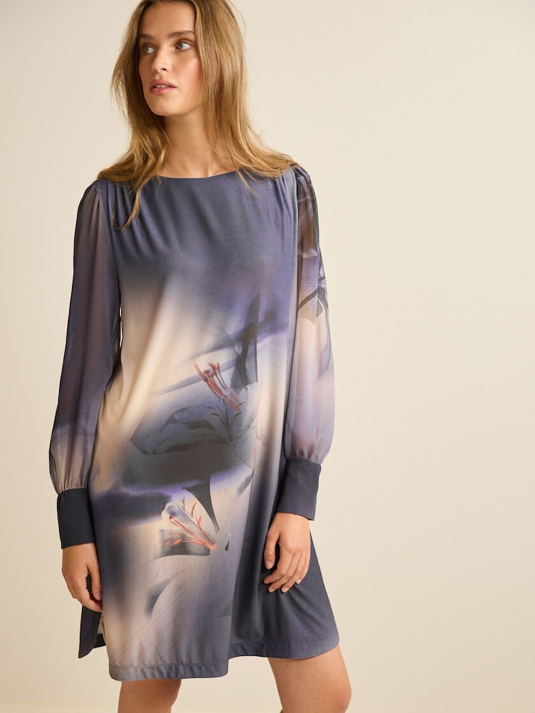 Navy Blue Floral Long Cuff Sleeve Mini Dress - Image 1 of 7
