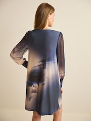 Navy Blue Floral Long Cuff Sleeve Mini Dress - Image 3 of 7