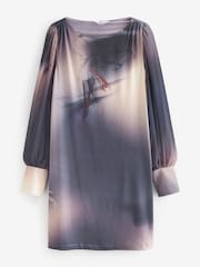 Navy Blue Floral Long Cuff Sleeve Mini Dress - Image 6 of 7