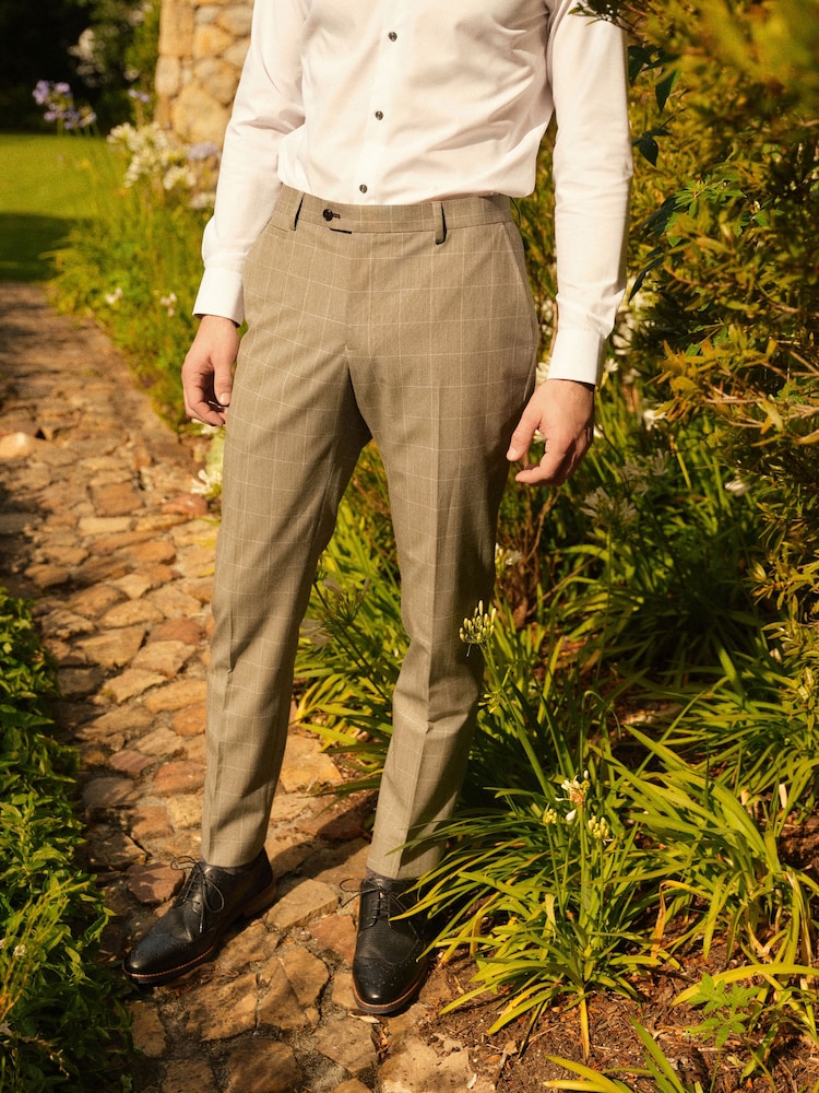 Taupe Brown Slim Fit Trimmed Check Suit Trousers - Image 1 of 5