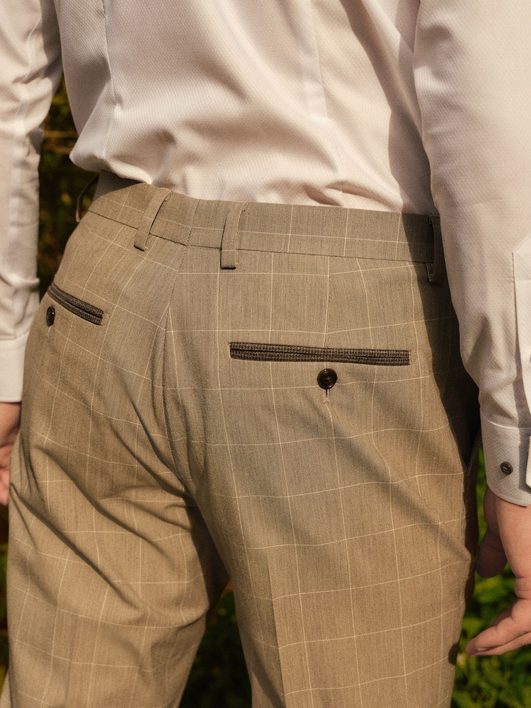 Taupe Brown Slim Fit Trimmed Check Suit Trousers - Image 5 of 5