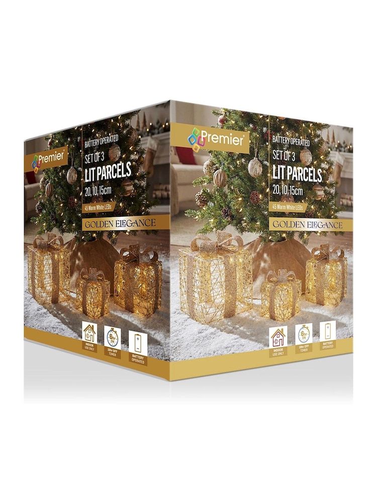 Premier Decorations Ltd Set of 3 Lit Golden Elegance Twist Parcels - Image 1 of 3 Premier Decorations Ltd Set of 3 Lit Golden Elegance Twist Parcels - Image 1 of 3