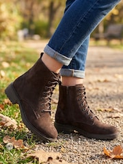 Pavers Chocolate Brown Suede Leather Lace & Zip Ankle Boots - Image 1 of 6