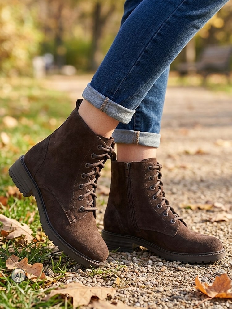Pavers Chocolate Brown Suede Leather Lace & Zip Ankle Boots - Image 1 of 6 Pavers Chocolate Brown Suede Leather Lace & Zip Ankle Boots - Image 1 of 6