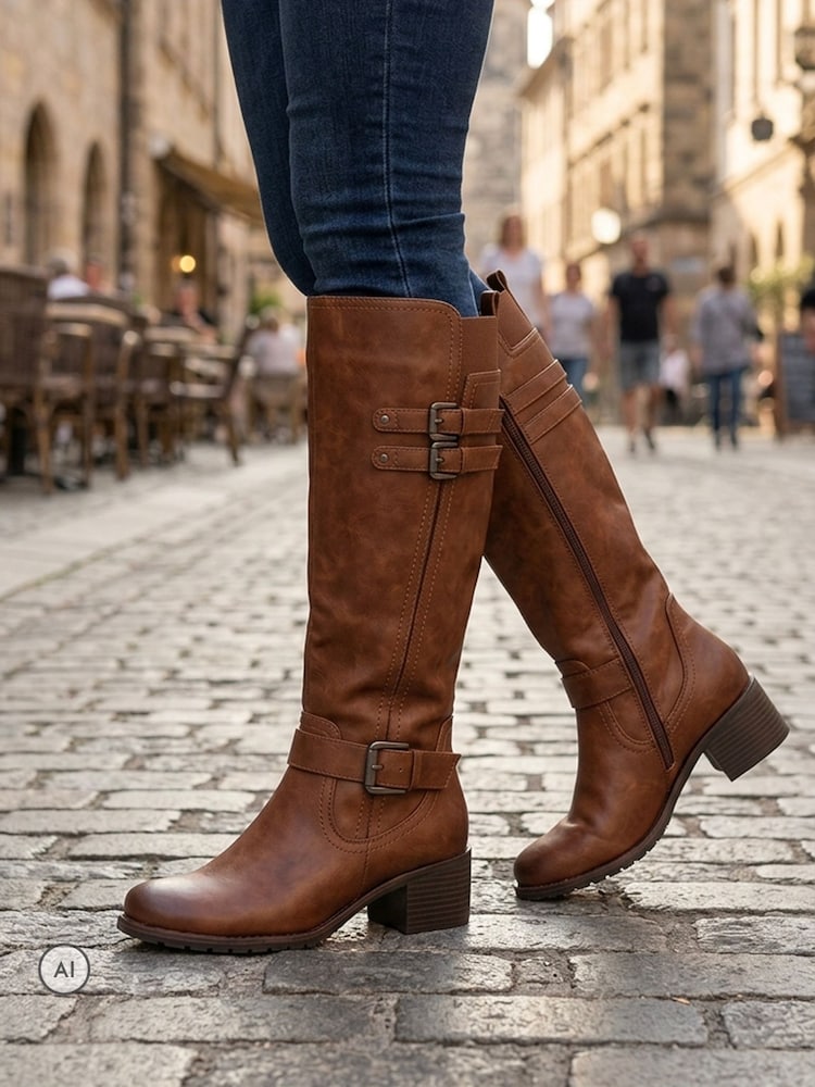Pavers Brown Buckle Detail Zip Fasten Long Boots - Image 1 of 6 Pavers Brown Buckle Detail Zip Fasten Long Boots - Image 1 of 6