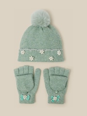 Verde - Conjunto de gorro y guantes Monsoon Pearl Flower con pompón y - Imagen 1 de 3