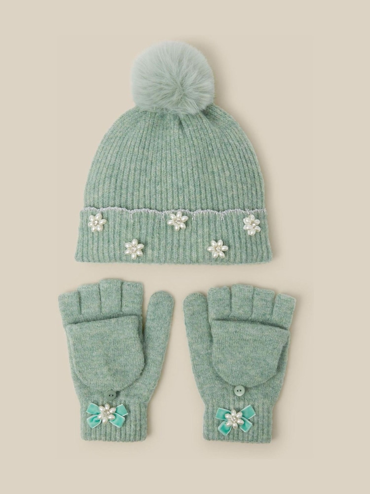 Verde - Conjunto de gorro y guantes Monsoon Pearl Flower con pompón y - Imagen 1 de 3 Verde - Conjunto de gorro y guantes Monsoon Pearl Flower con pompón y - Imagen 1 de 3