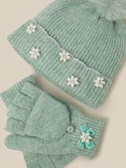 Verde - Conjunto de gorro y guantes Monsoon Pearl Flower con pompón y - Imagen 2 de 3