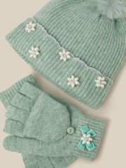 Verde - Conjunto de gorro y guantes Monsoon Pearl Flower con pompón y - Imagen 3 de 3