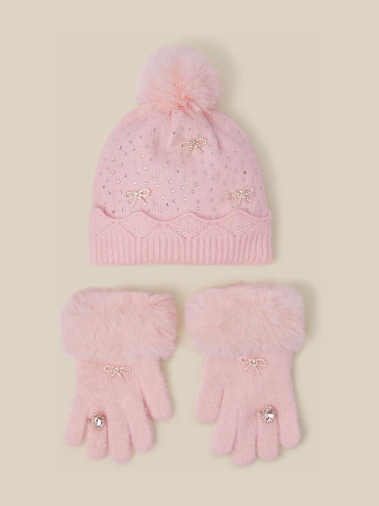 Monsoon Pink Glam Bobble Hat & Gloves Set - Image 1 of 2