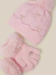 Monsoon Pink Glam Bobble Hat & Gloves Set - Image 2 of 2
