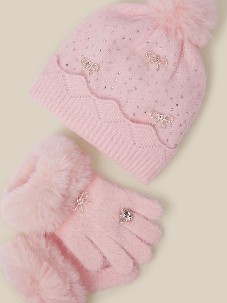 Monsoon Pink Glam Bobble Hat & Gloves Set - Image 2 of 2
