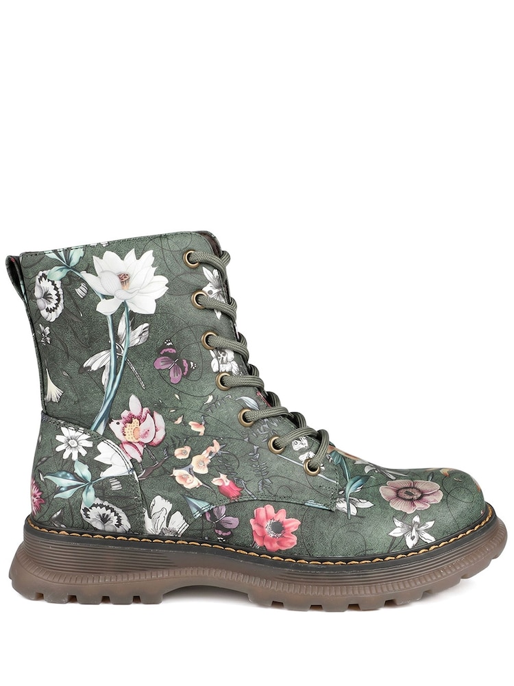 მწვანე ყვავილოვანი - Pavers Floral Pattern Lace Up Ankle Boots - სურათი 1 6-დან მწვანე ყვავილოვანი - Pavers Floral Pattern Lace Up Ankle Boots - სურათი 1 6-დან