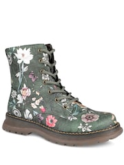 მწვანე ყვავილოვანი - Pavers Floral Pattern Lace Up Ankle Boots - სურათი 2 6-დან