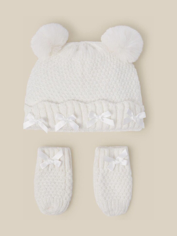 Monsoon Cream Baby Knitted Hat & Mittens Set