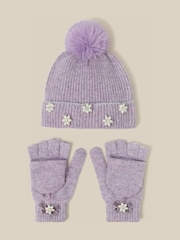 Púrpura - Conjunto de gorro y guantes Monsoon Pearl Flower con pompón y - Imagen 1 de 3