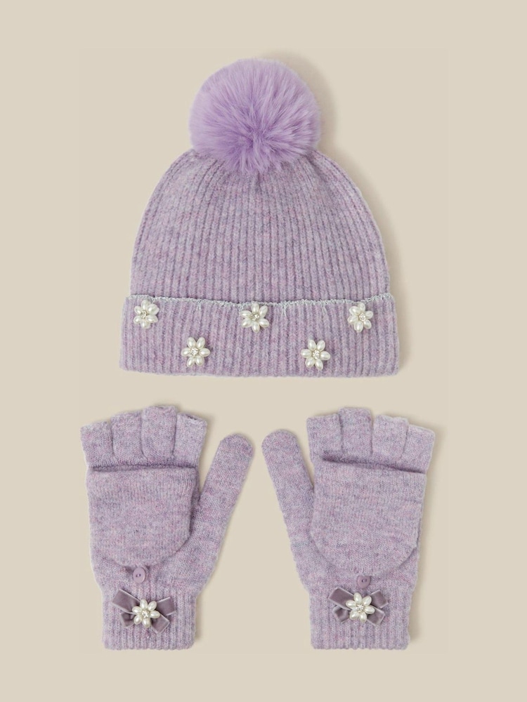 Púrpura - Conjunto de gorro y guantes Monsoon Pearl Flower con pompón y - Imagen 1 de 3 Púrpura - Conjunto de gorro y guantes Monsoon Pearl Flower con pompón y - Imagen 1 de 3