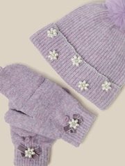 Púrpura - Conjunto de gorro y guantes Monsoon Pearl Flower con pompón y - Imagen 2 de 3