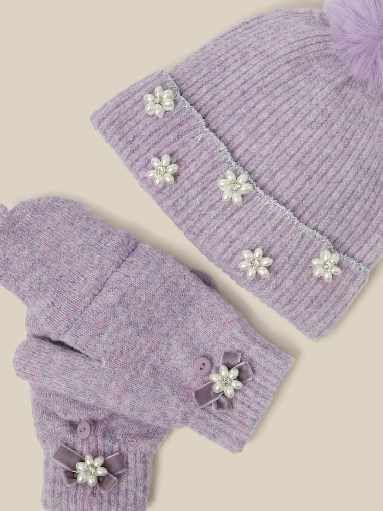 Púrpura - Conjunto de gorro y guantes Monsoon Pearl Flower con pompón y - Imagen 2 de 3 Púrpura - Conjunto de gorro y guantes Monsoon Pearl Flower con pompón y - Imagen 2 de 3