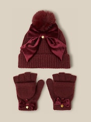 Monsoon Velvet Bow Bobble Hat & Gloves Set - Imagen 1 de 2