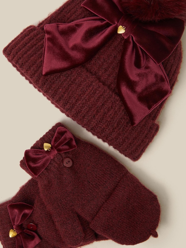 Monsoon Velvet Bow Bobble Hat & Gloves Set - Imagen 2 de 2