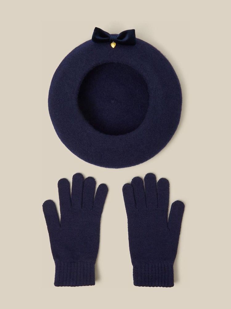 Monsoon Velvet Bow Wool Beret & Gloves Set - Bild 1 von 2 Monsoon Velvet Bow Wool Beret & Gloves Set - Bild 1 von 2
