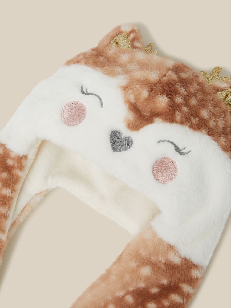 Monsoon Brown 3-In-1 Fluffy Reindeer Hat Scarf - Image 2 of 2 Monsoon Brown 3-In-1 Fluffy Reindeer Hat Scarf - Image 2 of 2