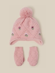 Monsoon Pink Baby Floral Trapper Hat & Gloves Set - Image 1 of 2