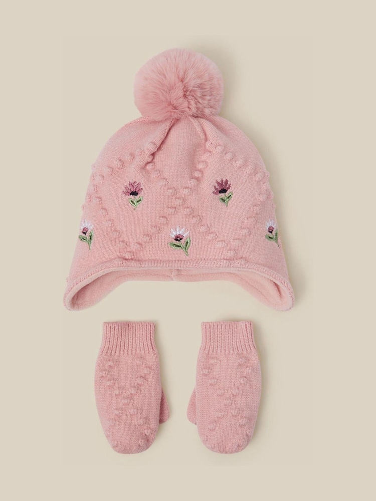 Monsoon Pink Baby Floral Trapper Hat & Gloves Set - Image 1 of 2
