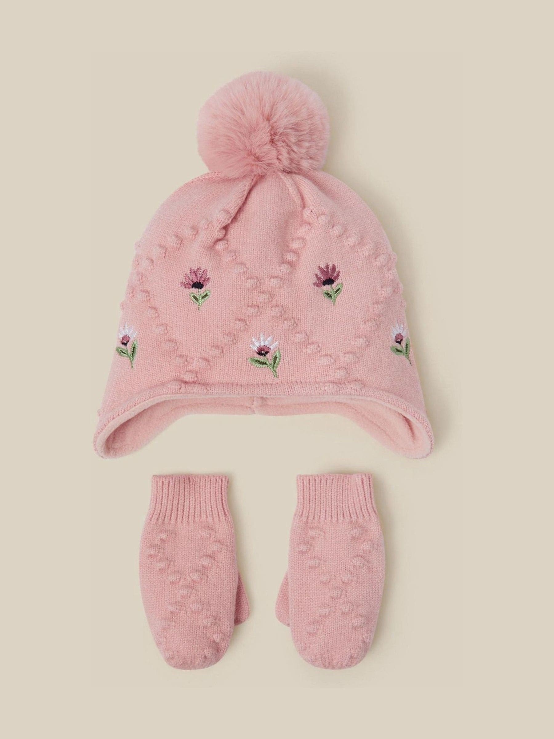 Monsoon Pink Baby Floral Trapper Hat & Gloves Set view 1