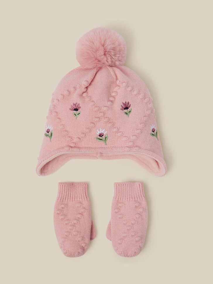Monsoon Pink Baby Floral Trapper Hat & Gloves Set