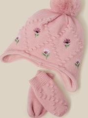 Monsoon Pink Baby Floral Trapper Hat & Gloves Set - Image 2 of 2