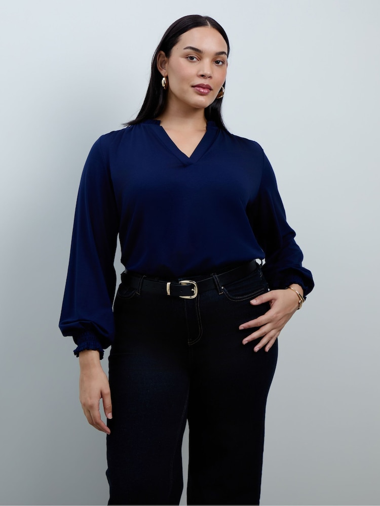 Live Unlimited Blue Jersey Ruffle Neck Long Sleeve Blouse - Image 1 of 5