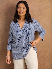 Live Unlimited Blue Geo Print 3/4 Sleeve Collared V-Neck Jersey Top - Image 1 of 1