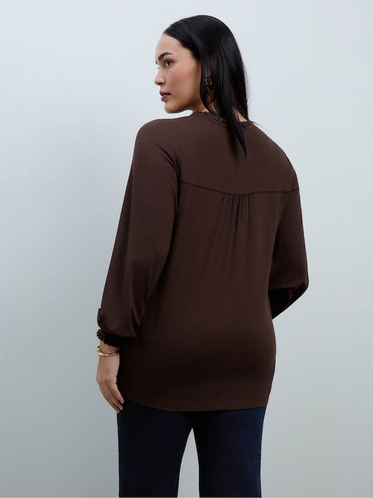 Live Unlimited Brown Jersey Ruffle Neck Long Sleeve Blouse - Image 2 of 5