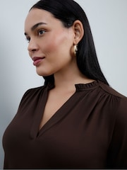 Live Unlimited Brown Jersey Ruffle Neck Long Sleeve Blouse - Image 3 of 5