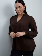 Live Unlimited Brown Jersey Ruffle Neck Long Sleeve Blouse - Image 4 of 5