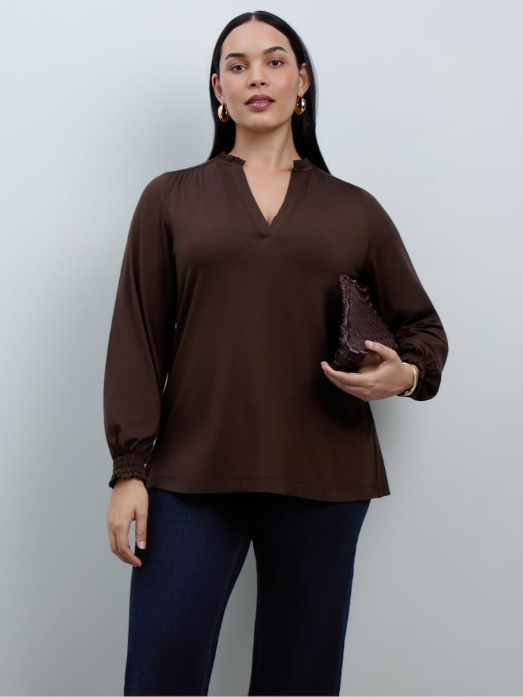 Live Unlimited Brown Jersey Ruffle Neck Long Sleeve Blouse - Image 5 of 5