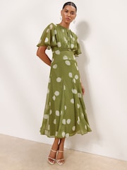 Lipsy Olive Green Spot Short Flutter Sleeve Midi Dress - Image 1 of 5