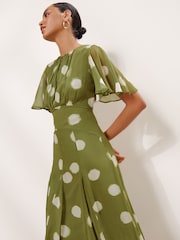 Lipsy Olive Green Spot Short Flutter Sleeve Midi Dress - Image 2 of 5