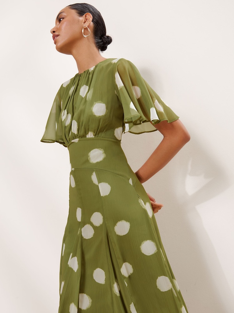 Lipsy Olive Green Spot Short Flutter Sleeve Midi Dress - Image 2 of 5 Lipsy Olive Green Spot Short Flutter Sleeve Midi Dress - Image 2 of 5