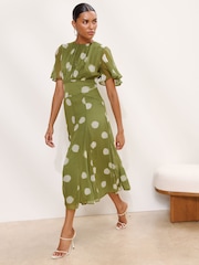 Lipsy Olive Green Spot Short Flutter Sleeve Midi Dress - Image 3 of 5