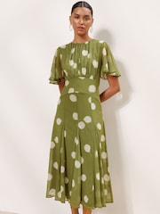 Lipsy Olive Green Spot Short Flutter Sleeve Midi Dress - Image 4 of 5