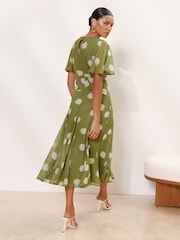 Lipsy Olive Green Spot Short Flutter Sleeve Midi Dress - Image 5 of 5