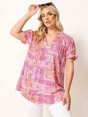 Yours Curve Pink Tile Print Notch Neck T-Shirt - Image 1 of 5
