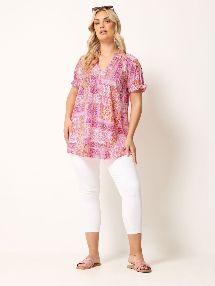 Yours Curve Pink Tile Print Notch Neck T-Shirt - Image 2 of 5 Yours Curve Pink Tile Print Notch Neck T-Shirt - Image 2 of 5