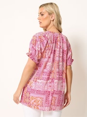 Yours Curve Pink Tile Print Notch Neck T-Shirt - Image 3 of 5