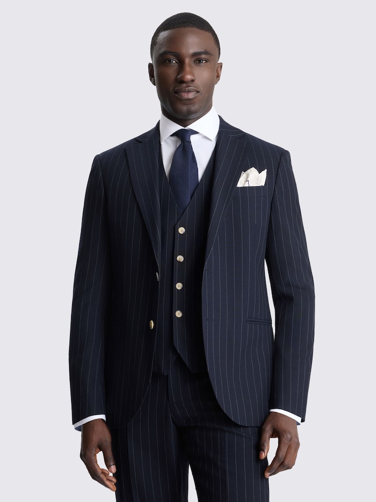 MOSS Navy Blue Tailored Fit Stripe Suit Jacket - Image 1 of 7 MOSS Navy Blue Tailored Fit Stripe Suit Jacket - Image 1 of 7
