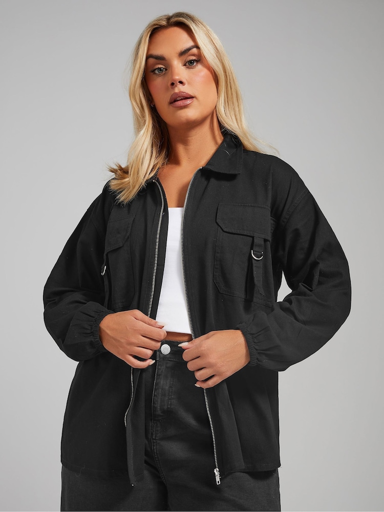 Yours Curve Black 100% Cotton Limited Utility Bomber Jacket - Image 1 of 4